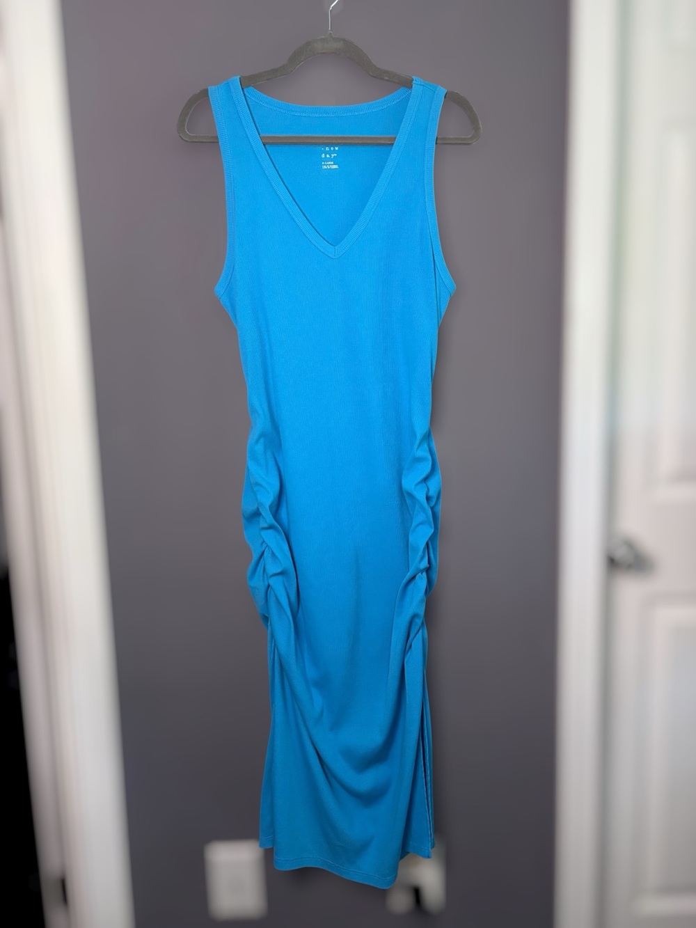 A New Day Bright Blue Ribbed Side Ruched V Neck Midi Dress XL